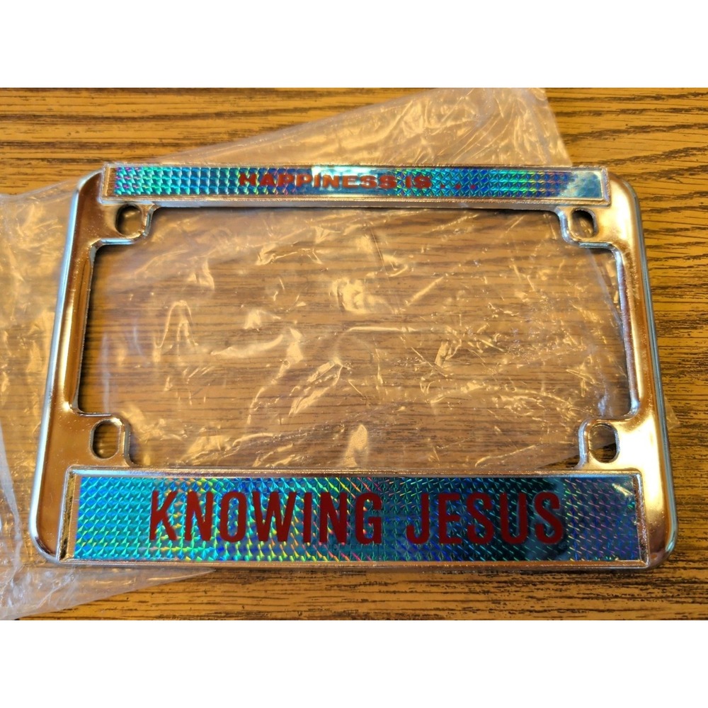 Happiness Is... Knowing Jesus Metal Motorcycle License Plate Frame Chrome Cover